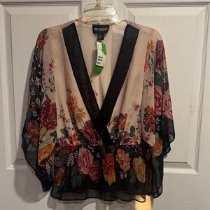 H&M Floral Sheer V-Neck Blouse in Cream and Black with Multicolor Print